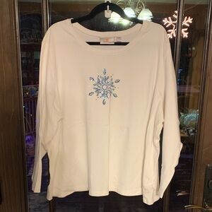 Elegant White Long Sleeve Top with Blue Sequin Snowflake